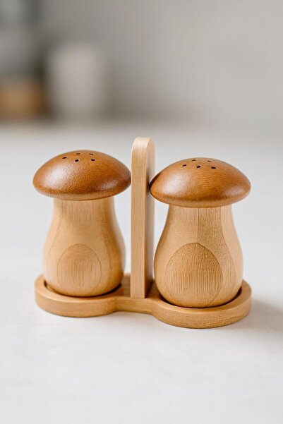 İLİVA Mushroom-Shaped Bamboo Salt and Pepper Shakers with Stand – Natural Woo...