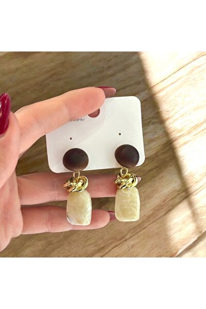 Atelier Çağla Brown Wooden Cream Marble Look Women's Earrings