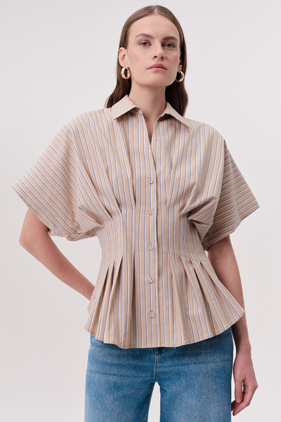 Exquise Shirt Collar Pleated Waist Fitted Striped Regular Shirt