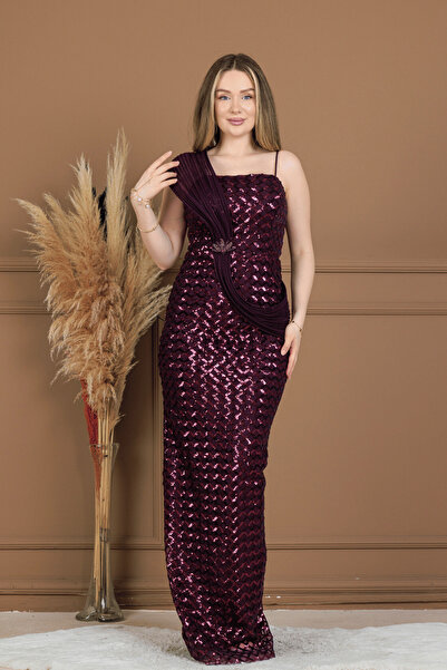 BEYBOS Rochie de seară cu detaliu șal din țesătură cu paiete - PATLICAN PURPLE