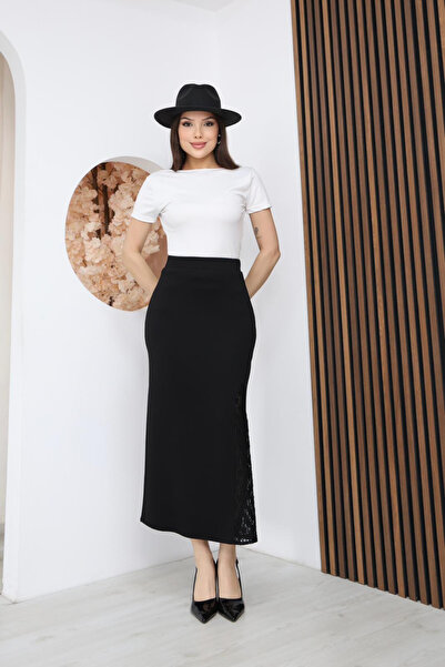 The Robi Women's Black High Waist Long Pencil Skirt with Side Lace Detail
