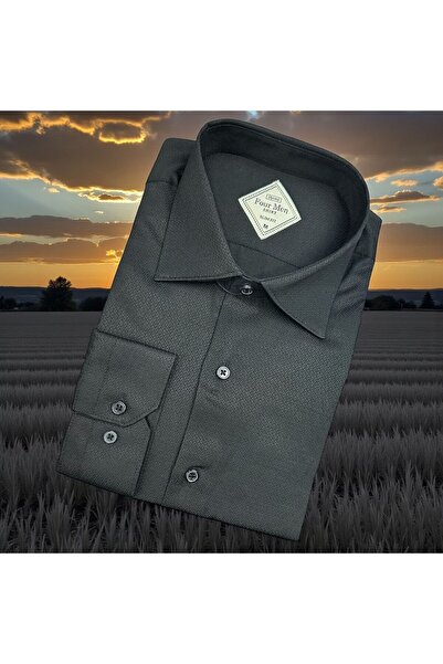 GÖMLEK GALERİSİ Slim Fit Dobby Long Sleeve Black Long Sleeve Men's Shirt