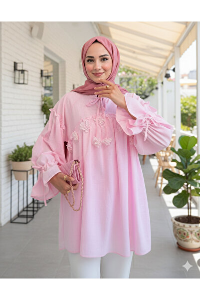 bellura Linen Shirt with Tie Collar and Sleeves, and Floral Detail on the Front