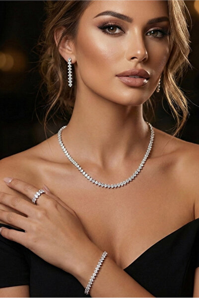 Happyline Gümüş Kaplama Zirkon Taşlı Pırlanta Modeli Küpe Kolye Yüzük Bilekli...