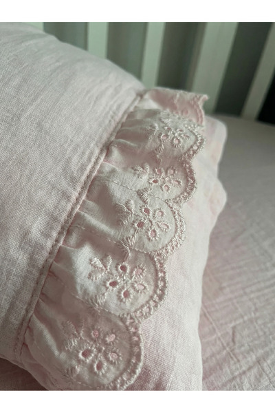 Pufuduk Baby Luxury Scallop Embroidered 100% Cotton 2-Layer Muslin Elastic Baby Sheet and Pillow Set 70X120 cm - Pink