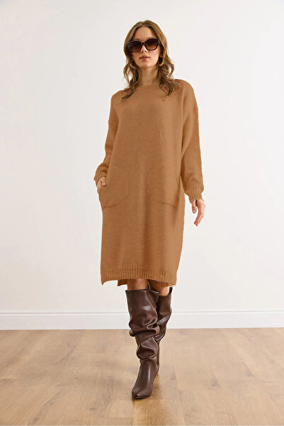 Olalook Women's Camel Kangaroo Pocket Slit Knitwear Tunic Dress Elb-19002550
