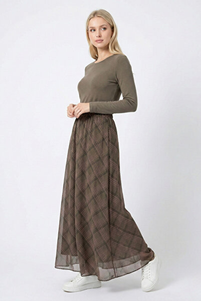 ABAY GİYİM Women's Chiffon Plaid Patterned Long Skirt with Elastic Waist and ...