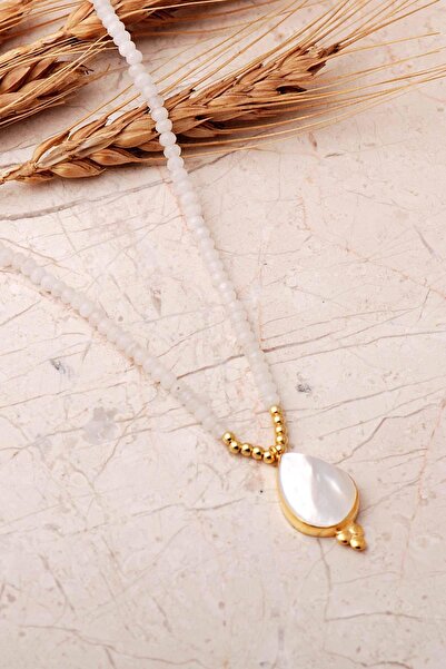 Sümer Telkari Taşlı Damla Altın Yaldızlı 925 Ayar Gümüş Kuvars Dizgi Kolye 8120