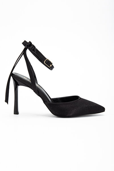 RİSSOLİ Kadın Siyah Saten Arka Fiyonk Detaylı Bilekten Bağlama Topuklu Ayakkabı