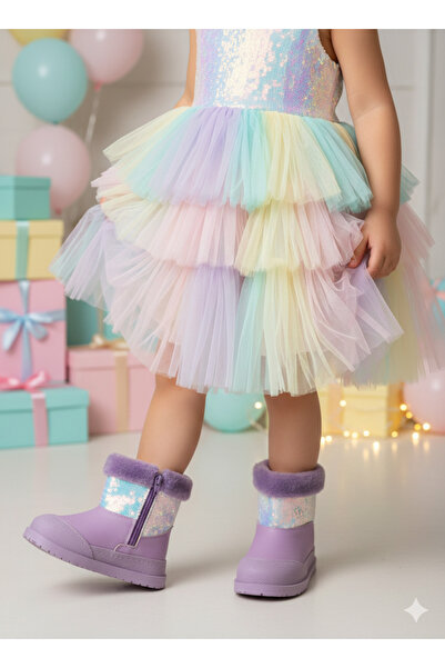 HARLİ LİLA PAYETLİ KÜRKLÜ KIZ ÇOCUK OROPEDİK BOT