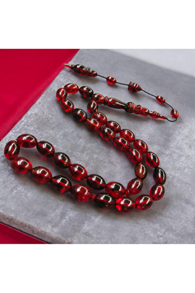 İnan Tesbih Handcrafted Ring Model Barley Cut Red Tones Fire Amber Prayer Beads