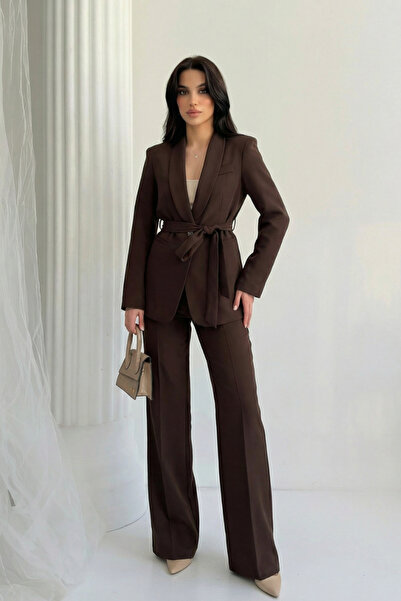 Potenza Women's Jacket Pants Set Belted Buttoned Blazer Jacket Wide Leg High ...