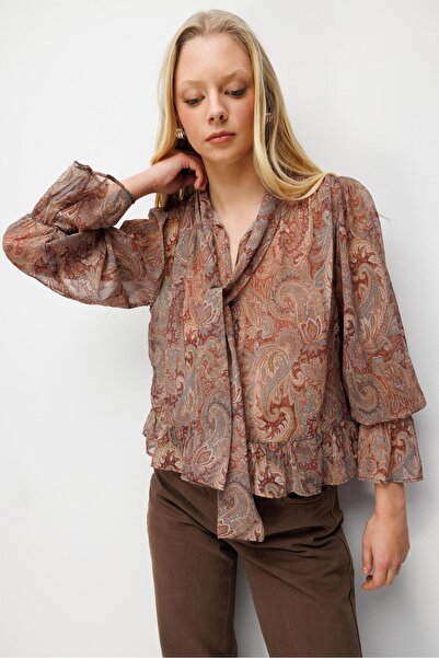 Mixray 4799 women's patterned chiffon blouse - coffee