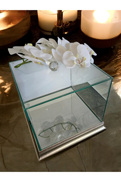 Glowvera Gümüş Çiçek Süslemeli Söz Nişan Çeyiz Bohça Kutusu Cam Fanus 25*25*2...