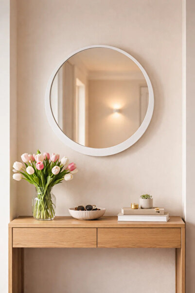 MARIA HOMES White Round Wooden Wall Mirror 70x70cm Modern Hanging Decor for B...