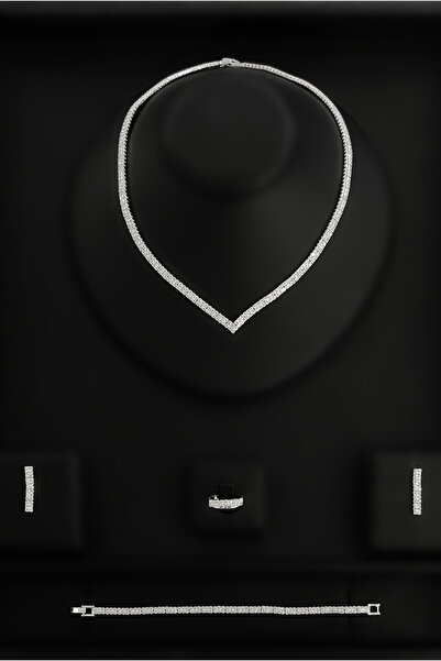 Happyline Gümüş Zirkon Taşlı Pırlanta Modeli Küpe Kolye Yüzük Bileklik V Koly...