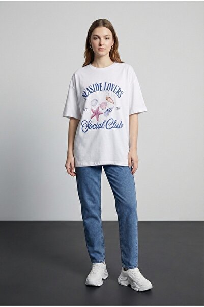 Quzu Women's Letter Embroidered Printed Oversize T-Shirt Ecru