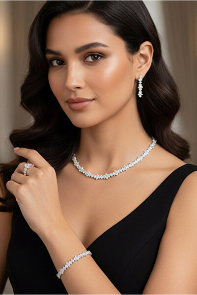 Happyline Gümüş Kaplama Zirkon Taşlı Pırlanta Modeli Küpe Kolye Yüzük Bilekli...