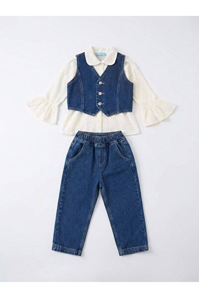 Butik Girl's Denim Vest Jean Shirt Set - 3-Piece