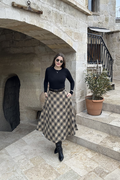 Sorridi Plaid Patterned Belted Double Pocket Long Skirt