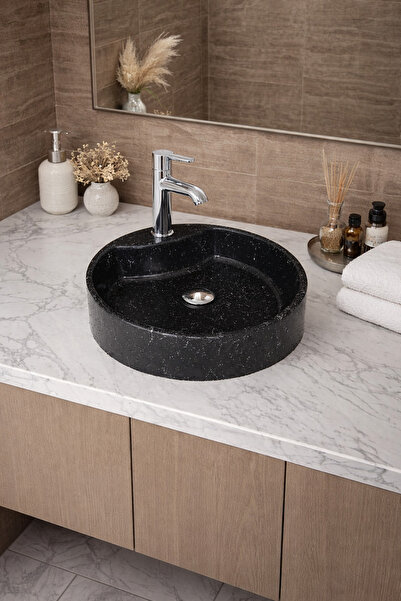 Taş Atölyesi Mermer Desenli Tezgah Üstü Yuvarlak Çanak Taş Lavabo 45 cm Muslu...