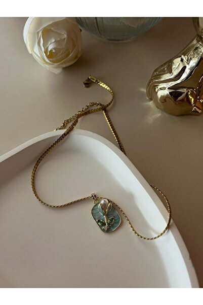 Rimba Altın Kaplama İncili Lale Figürlü Mine İşlemeli Vintage Kolye