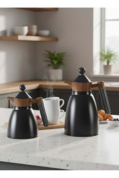 Reem 2-Piece Tea/Coffee Flask Set Black/Dark Wood Grain