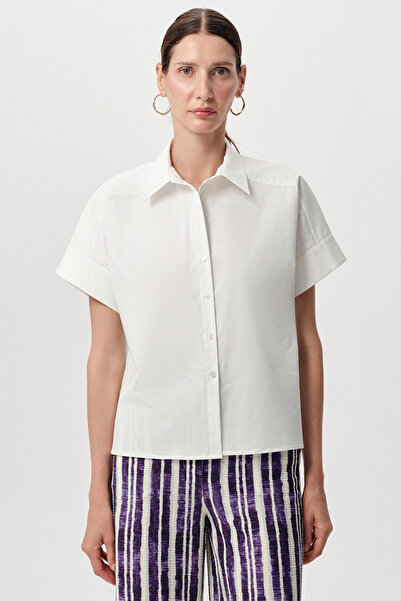 Exquise Shirt Collar Short Sleeve Buttoned Regular Poplin Shirt