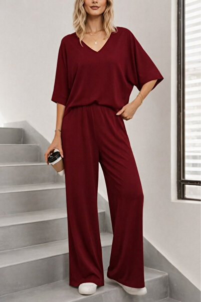 JANES Women's Short Sleeve V-Neck Viscose Blouse and Trousers Two-Piece Set