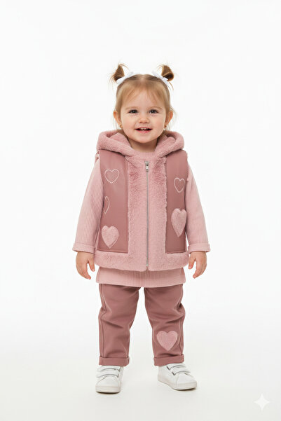 MODA KIZ ÇOCUK DERİ PANTOLONLU PELÜŞ YELEKLİ ÜÇLÜ TAKIM