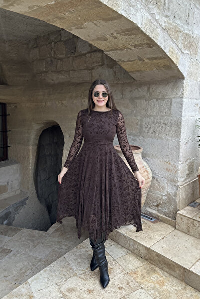 Sorridi Boat Neck Floral Patterned Asymmetrical Cut Midi Dress