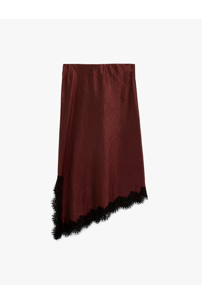 Koton Asymmetrical Cut Textured Lace Detailed Midi Satin Skirt