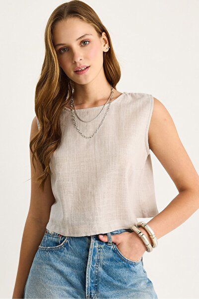 Hiccup Cropped round-neck blouse in linen blend