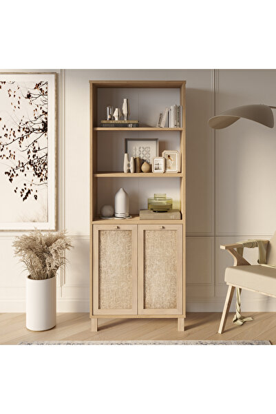 Robin Home Arizona Kitaplık Raf Ahşap Ayaklı 180cm Ahşap Jüt Kapaklı Sepet-Jüt