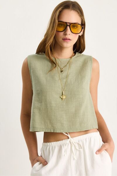 Hiccup Cropped round-neck blouse in linen blend