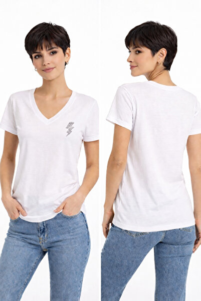 TWINTICKS Stone Printed Lightning Detail White Women's T-Shirt – V-Neck Cotto...