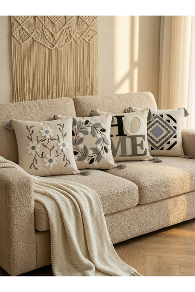 Alveka Home 4'lü Punch Nakışlı Oturma Odası Balkon Bohem Kırlent Kılıfı Yastı...