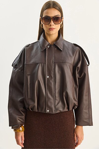 Hiccup LUCCI oversized short faux Leather jacket with zipper