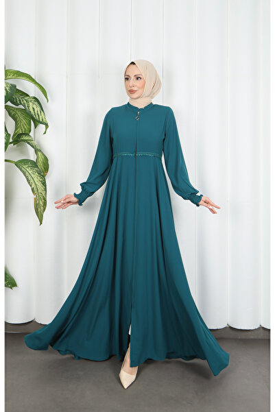 HNT Hayrunnisa Tesettür Beli Dantelli Mevlana Ferace Mint Yeşili HNT7011