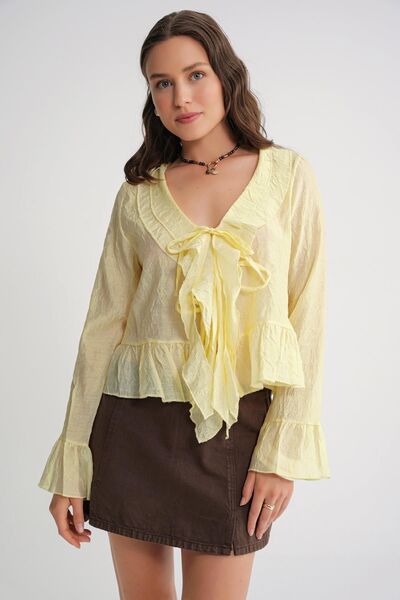 Hiccup Mixray blouse with V-neck, ruffles, drapes and drawstring