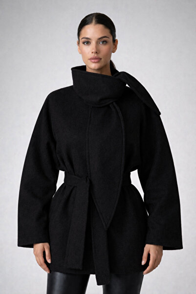 Glowear Atelier Women's Black Scarf Collar Cashmere Belted Jacket