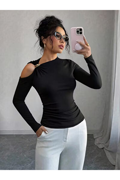 StilVibe Metal Buckle Cutout Shoulder Long Sleeve Blouse