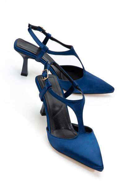 Hayalimdeki Ayakkabı Lorea Women's Navy Blue Satin Pointed Toe Thin Heeled Shoes