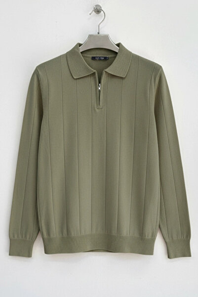 Edwox Men's Half Zipper Polo Collar Regular Fit Sweater Khaki Cd101