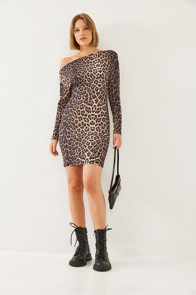 Hiccup LUCCI Asimetrikano Kolero Leopardo Printo Mini Dress