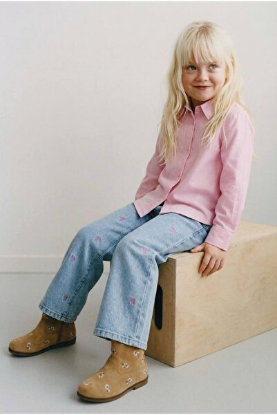 Butik Girl's Bow Embroidered Jeans Pants Pink Linen Shirt Set