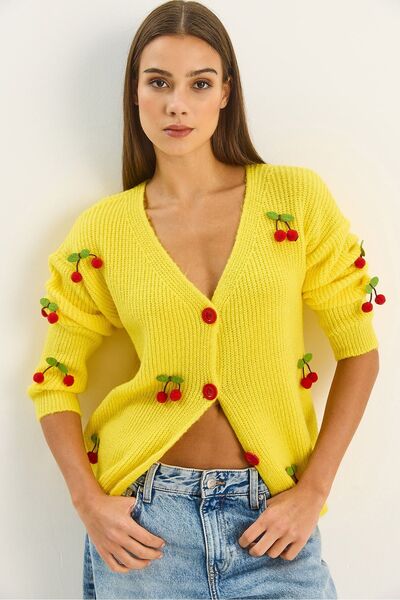 Hiccup LUCCI V-Neck Fruit Brodirime Triko Cardigan e Butonenca