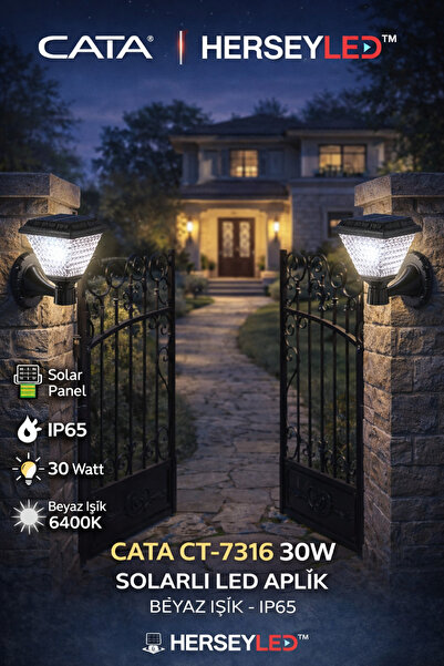 Cata CT-7316 30W SOLARLI LED APLİK BEYAZ IŞIK - IP65