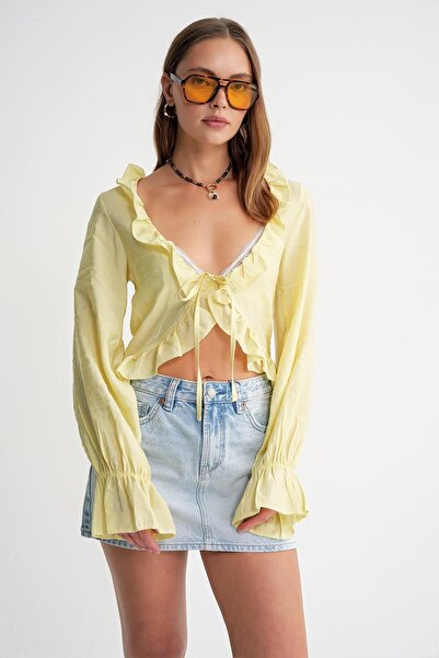 Hiccup Mixray ruffled long sleeve V-neck crop top
