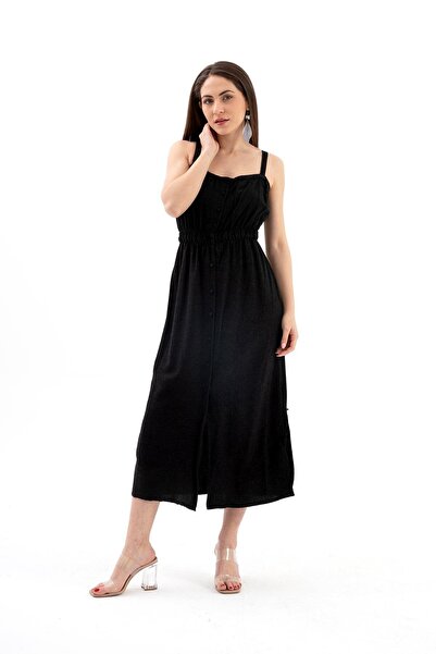 VELİZADE Γυναικείο μαύρο λινό φόρεμα με τετράγωνο γιακά, κουμπιά μπροστά, σκί...